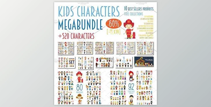 Download MEGABUNDLE Kids Characters Sets CreativeMarket-2381388 (JPG, PNG, EPS, AI)