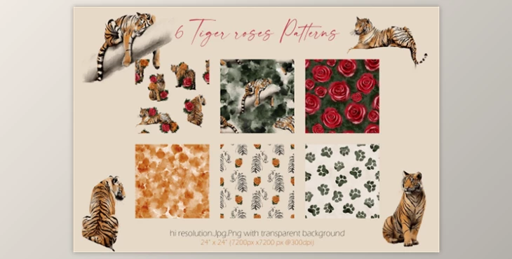 Download Tigers & Roses watercolor collection CreativeMarket - 6941142