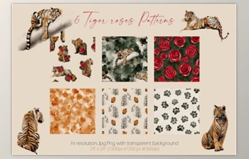 Download Tigers & Roses watercolor <span class='badge badge-warning'>collection</span> <span class='badge badge-warning'>CreativeMarket</span> - 6941142