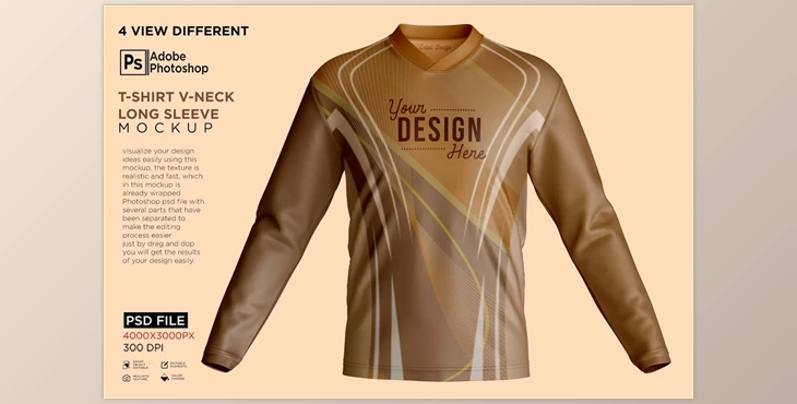 Download T-Shirt V-Neck Long Sleeve Mockup CreativeMarket - 7234903