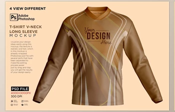 Download T-Shirt V-Neck Long <span class='badge badge-warning'>Sleeve</span> Mockup CreativeMarket - 7234903