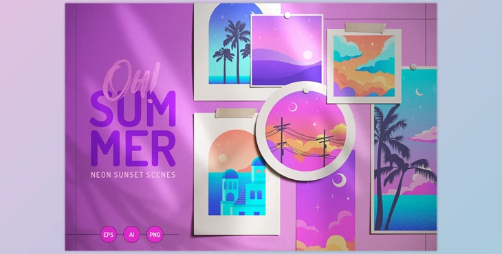 Download Oh Summer Neon sunset scene set CreativeMarket - 6211892