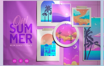 Download <span class='badge badge-warning'>Oh</span> Summer Neon sunset scene set CreativeMarket - 6211892