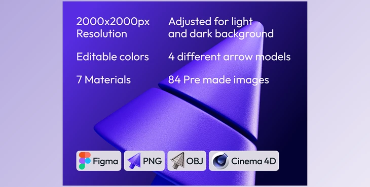 Download UI8 – 3D arrows, 4 shapes, 7 materials, PNG, Figma, C4D, OBJ